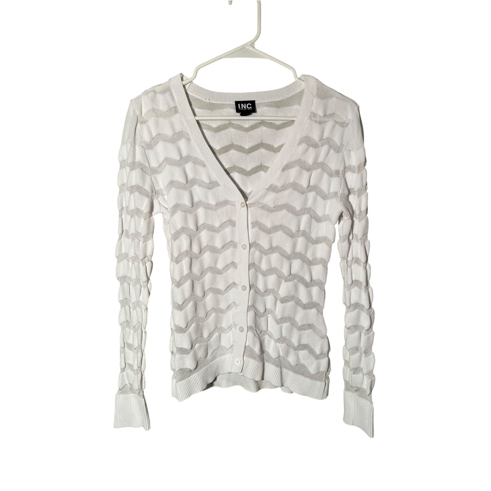 Inc International Concepts Women's Sz Small Cardigan Sweater White Sheer Chevron